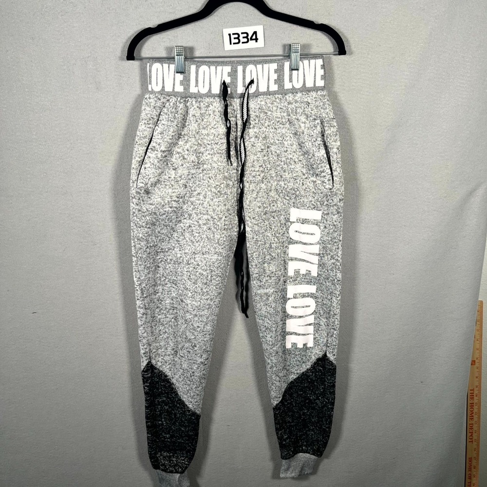 New Look Jogger Pants Womens Medium Heather Gray Love Logo‎ Fleece Drawstring